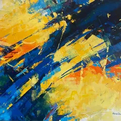 This abstract from my 'Confluence' series is all about the collision of energy. The vibrant yellows and deep blues clash and blend, creating a dynamic visual experience with thick, expressive palette knife work. This piece has been sold to a private collector.