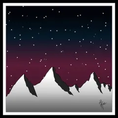 A graphic illustration of snowy mountains beneath a starry sky. This piece is about finding peace on top of the mountains and beneath the stars.