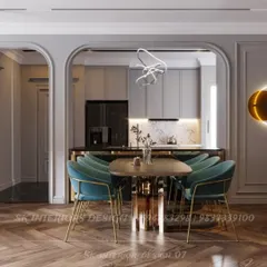 An elegant dining area viewed through classic archways, creating a beautiful frame for the space. The design features plush teal chairs, a modern table with a metallic base, and a contemporary kitchen in the background, showcasing a seamless flow between zones.