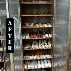 After: Another section of the organized shoe closet, this time for flats and sneakers. Every pair is now visible and easy to grab, making getting ready a breeze.
