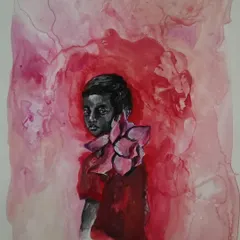 "Boy Carrying Lotus," an acrylic piece suggesting that boys should be taught to carry flowers instead of rage. It's a feminist statement about reimagining masculinity.