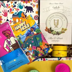 This vibrant Holi hamper is a complete celebration in a box. It includes natural gulal from Phool, a packet of Shahi Thandai mix, and Chandan tika, all presented in a beautifully designed festive box.