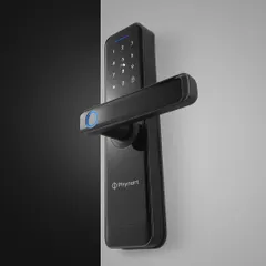 This shot shows the Phynart smart lock installed on a door, demonstrating its real-world application. The composition uses the door frame to create a clean, graphic line.