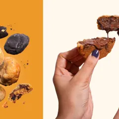 This diptych showcases both the tempting, gooey inside of the cookie and a fun, gravity-defying arrangement of various cookies. It's a great way to show product variety and delicious texture in one image.
