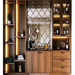 A modern bar and crockery unit crafted from wood. This design features a mirrored backsplash, glass-front cabinets for wine glasses, and vertical strip lighting to highlight the display shelves.