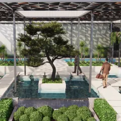 A duplicate of image 74, this rendering provides a clear view of how people might interact with the space, walking across the water on clean, stone-like paths. It emphasizes the fusion of nature, water, and human movement.