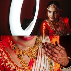 A creative getting-ready shot, showing the bride's reflection and a close-up of her intricate temple jewelry. We focus on the details that complete the bridal look.