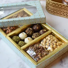 This elegant gift box is designed with separate compartments for my handcrafted chocolate truffles and a selection of premium mixed nuts. The clear window gives a sneak peek of the delicious treats inside.