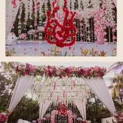 A collage showcasing the stunning floral decor of a wedding mandap. The intricate designs, from the hanging flowers to the symbolic 'Om' crafted from red petals, highlight the beauty of the setup.