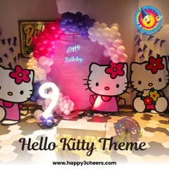 For this 9th birthday, I designed a complete Hello Kitty theme. The setup featured three large Hello Kitty character cutouts, a balloon arch in pink and purple, and a neon "Happy Birthday" sign for a fun and vibrant look.