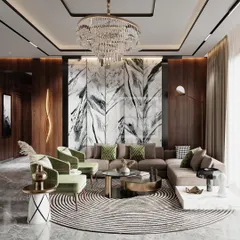 This living room is a symphony of sophistication. We brought together a touch of green serenity, a marble accent wall that whispers style, and warm wooden accents to create a haven of refined living.