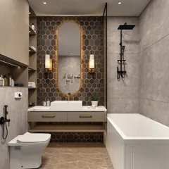 Turn your daily routine into a spa-like experience. This modern bathroom design features a honeycomb tile accent wall, a sleek vanity, and matte black fixtures for a stylish and functional space.