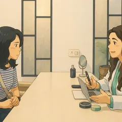 This beautiful illustration captures the essence of our consultations. It's a calm, focused conversation where we listen to your concerns and work together to find the best solution for your skin.