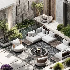 An isometric view of a modern sunken lounge concept, designed for intimate gatherings. This outdoor living space features a central fire pit, custom stone flooring, and integrated planters, all enclosed by a textured stone wall with a gentle water feature for ambient sound.