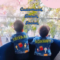 How cool are these matching denim jackets for brothers? We customised them with their names and fun patches, creating a special piece they can wear together.