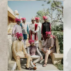 Another angle of the groom and his crew, looking cool and confident on a sunny day at their destination wedding in Jaipur.