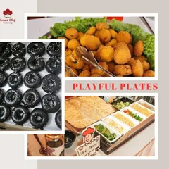 We love creating playful plates for our young foodies. This collage shows some of our kid-friendly options, including chocolate donuts, crispy nuggets, and a live pasta station.