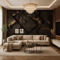 This wallpaper features a 3D effect of black and gold fractured stone, adding a raw, powerful, and luxurious element to the living room.
