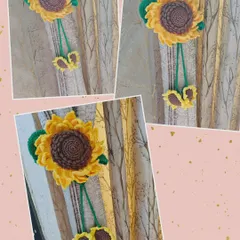 My handmade crochet sunflower curtain ties are a cheerful way to hold back your curtains and let the sunshine in. This collage shows how they add a pop of color and charm to any window.