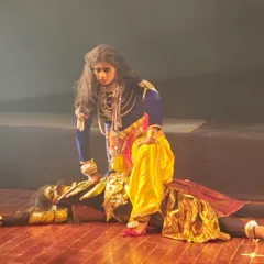 The climactic moment of Kamsa's defeat, a scene filled with intense emotion and powerful abhinaya (expression). My artists fully immerse themselves in their characters to deliver a performance that is both dramatic and authentic to the story.