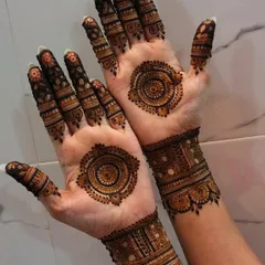 The same mandala design, but on the palms. The intricate circles are framed by a simple wristband and detailed fingertips, creating a balanced look.