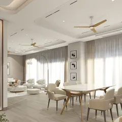 An open-plan living and dining area designed for effortless flow and abundant natural light. We used a neutral color palette, sheer curtains, and frosted glass partitions to create a space that feels both expansive and intimate.