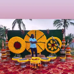 A complete Haldi ceremony setup created by our team. You will learn how to design and arrange all the elements, from the main backdrop to the decorative pots and floor rangoli.