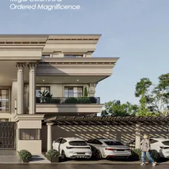 A closer look at the ordered magnificence of a neoclassical facade. The regal columns and layered cornices create a sense of structured luxury and timeless sophistication.