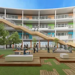 This courtyard at JAV Junior College is designed as a dynamic hub for student life. The open, multi-level layout encourages natural movement and social interaction, providing a refreshing outdoor setting for collaboration, learning, and play.