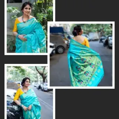 An outdoor lifestyle shoot with a vibrant turquoise saree. This collage shows the model interacting with an urban environment, demonstrating how the product fits into a modern, everyday context.