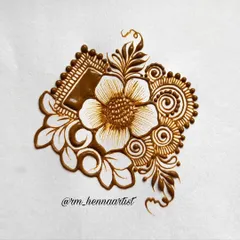 A beautiful henna bunch featuring a central shaded flower, surrounded by leaves, swirls, and a geometric element. This is a perfect example of an Indo-Arabic motif that we learn to create in my course.