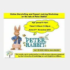 My online workshop on "The Tale of Peter Rabbit" combines storytelling with a puppet-making session. It's an adventure where kids listen to the story and then create their own character.