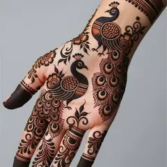 The peacock is a timeless symbol of grace in Indian culture. I enjoy creating these majestic birds in my mehndi, using detailed line work for the feathers and bold strokes to make the design truly stand out for any festive occasion.