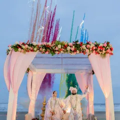 A fairytale moment as the sky over the Goan sea erupts in color. This is the crescendo of the ceremony, a celebration of union where the energy of the couple and their loved ones is met with a spectacular display, marking the beginning of their journey together.