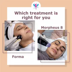 Wondering whether Forma or Morpheus8 is right for you? This graphic explains the difference. Forma is ideal for a gentle lift and glow, while Morpheus8 provides deeper remodeling for concerns like wrinkles and acne scars.