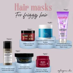 **A visual guide to some of my recommended hair masks for frizzy hair.** This includes products from brands like L'Oreal, Schwarzkopf, TRESemme, and Trichospire, with different price points to suit various budgets.