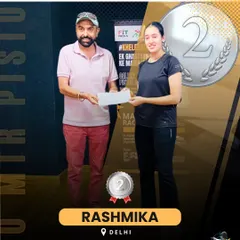Olympian Dr. Ronjan Sodhi presents the 2nd prize to Rashmika at our Open Shooting Championship. We ensure our events are graced by legends to inspire the participants.