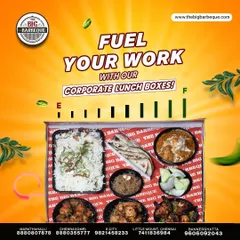 Fuel your work with a complete meal. This graphic displays the contents of our corporate lunch box, including biryani, curry, naan, and starters, showing how we provide a full and satisfying office lunch.