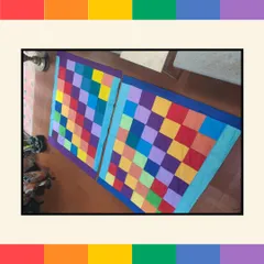 The finished Pride quilts, stitched together from patches created by employees at Intuit. These vibrant quilts were later donated to Sangama, an NGO supporting gender and sexual minorities, making the activity a true act of community support.