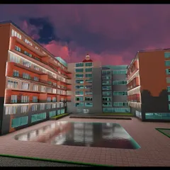 The rear view of the hotel concept, focusing on the large swimming pool and patio area. This space is designed as a resort-style amenity for guests.