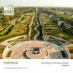 An expansive view of the Birla Institute of Technology & Science in Rajasthan, a testament to our capability in designing large-scale institutional campuses. Our design creates a formal yet inspiring academic environment, integrating buildings with grand plazas, green corridors, and public gathering spaces.