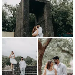 A collage showcasing different scenes from a park shoot. From a loving embrace under a modern stone structure to a quiet look shared by the trees, it shows the variety of moods we can capture.