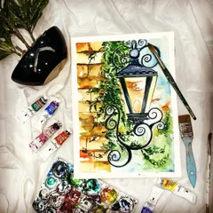 Here is my demonstration piece for the vintage lantern painting. I show you how to layer colors to create the glowing light effect and the texture of the brick wall.