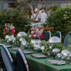 A whimsical tablescape from a welcome dinner in Turkey, featuring disco balls as vases. This playful yet chic detail shows our flair for creating unique and memorable decor that surprises and delights guests.