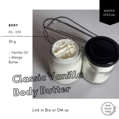 My 'Classic Vanilla' Body Butter is a winter special but loved all year round. It's whipped with Mango Butter and Vanilla Oil for a rich, creamy texture that deeply moisturizes dry skin without feeling greasy.