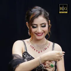 For this commercial shoot, the focus was on the intricate necklace. I styled the hair in a simple but elegant updo to keep the neckline clear and highlight the product.