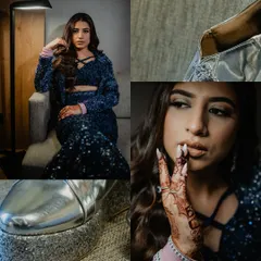 A collage showcasing the bride's glamorous cocktail night details: her stunning blue outfit, sparkling platform heels, and beautiful henna-adorned hands.