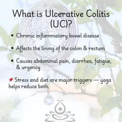 This graphic explains what UC is and how yoga helps manage its major triggers, stress and diet, by promoting relaxation and mindful habits.