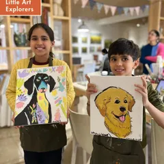 I love seeing the pride on our Little Art Explorers' faces. These two created their own colorful dog portraits during a drop-in painting session, each one with its own unique personality.