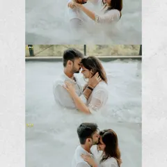 A collage of three images from the underwater-themed dry ice shoot, showing the progression from playful interaction to a romantic embrace. The effect is ethereal and beautiful.